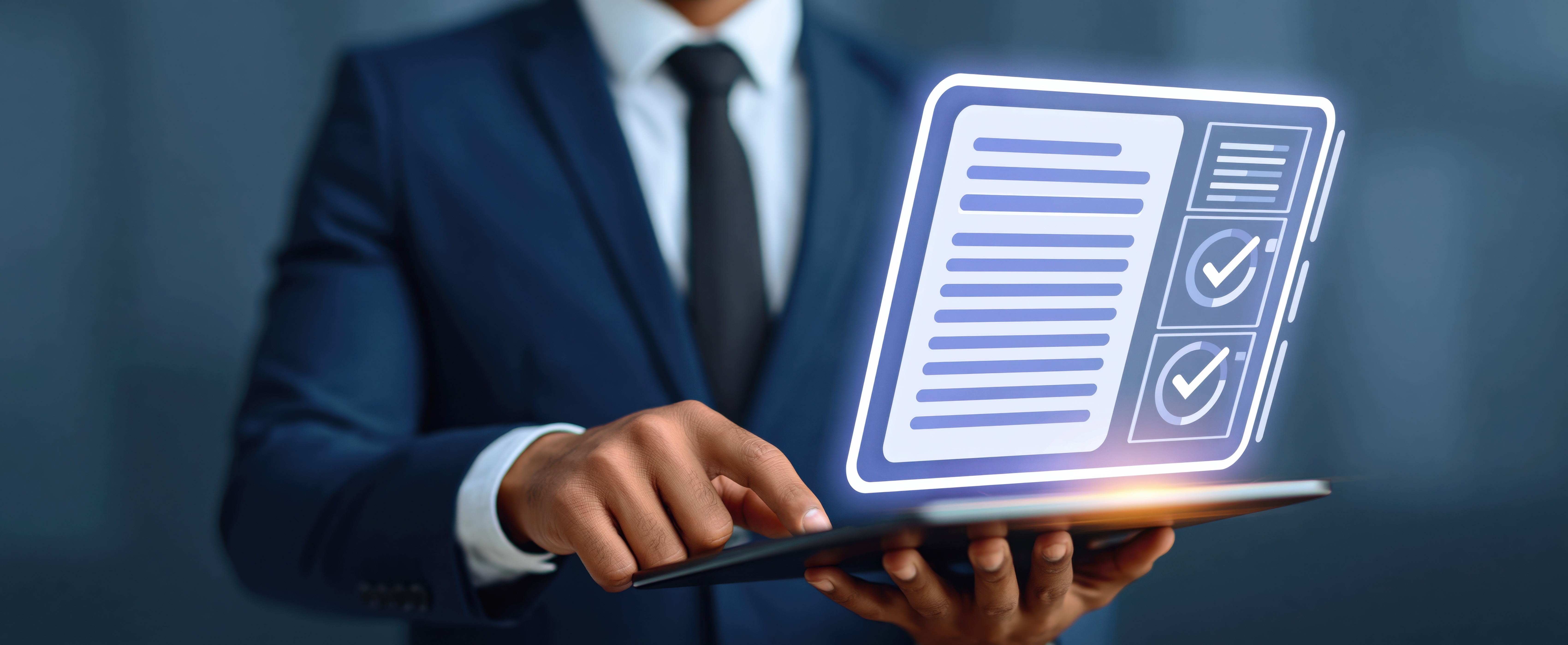 Professional in a navy suit reviewing a digital document interface