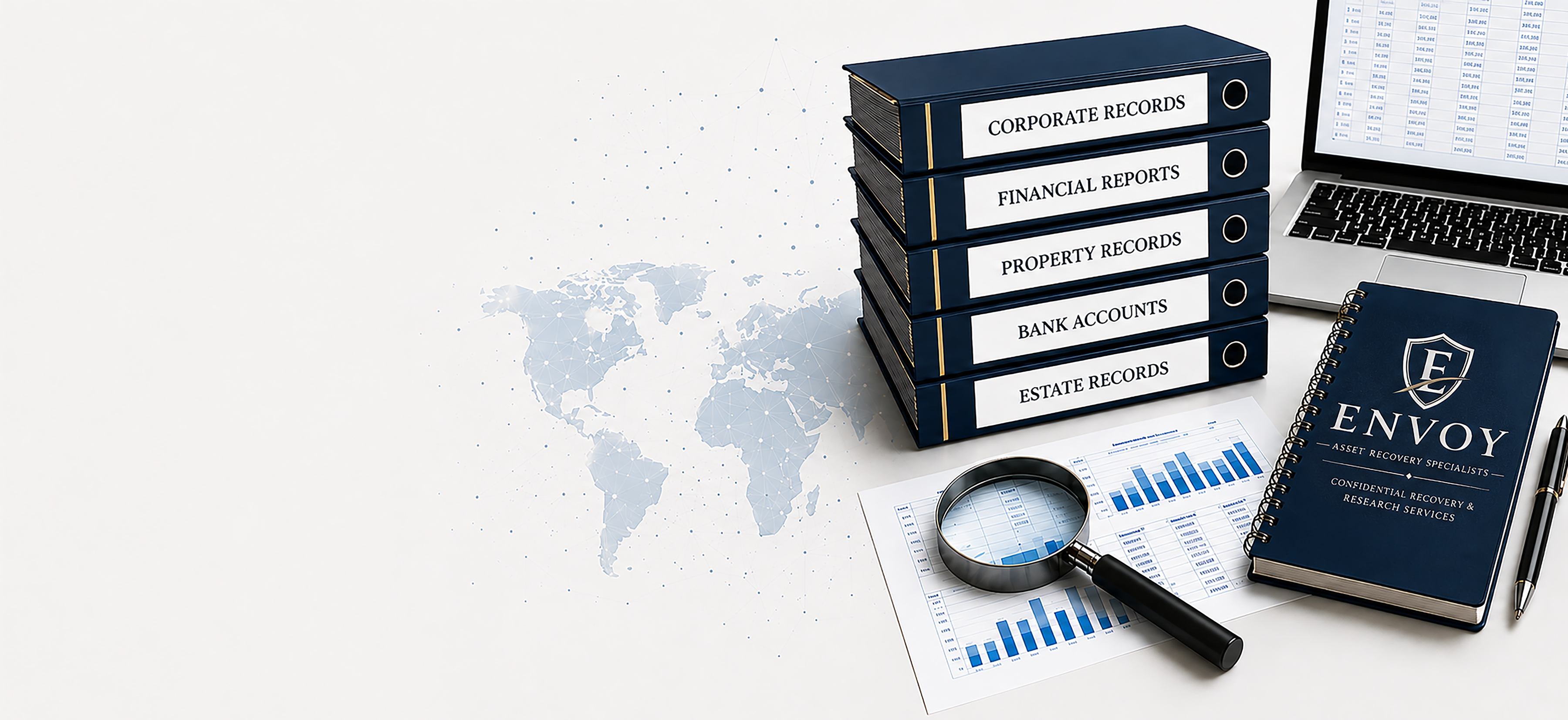 Envoy asset recovery research desk with labeled record binders and branded notebook
